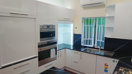 Modern kitchen, White kitchen, Black stone kitchen, Automatic roller door, Led lighting pantry