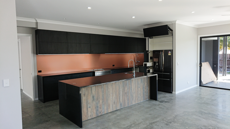Bi-fold flap doors, Black Kitchen, Industrial style kitchen